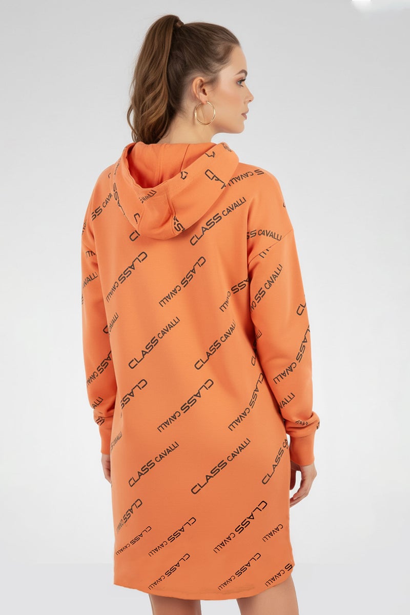 Cavalli Class Women Allover Print Long Sleeve Sweater Dress, Orange - Image 4